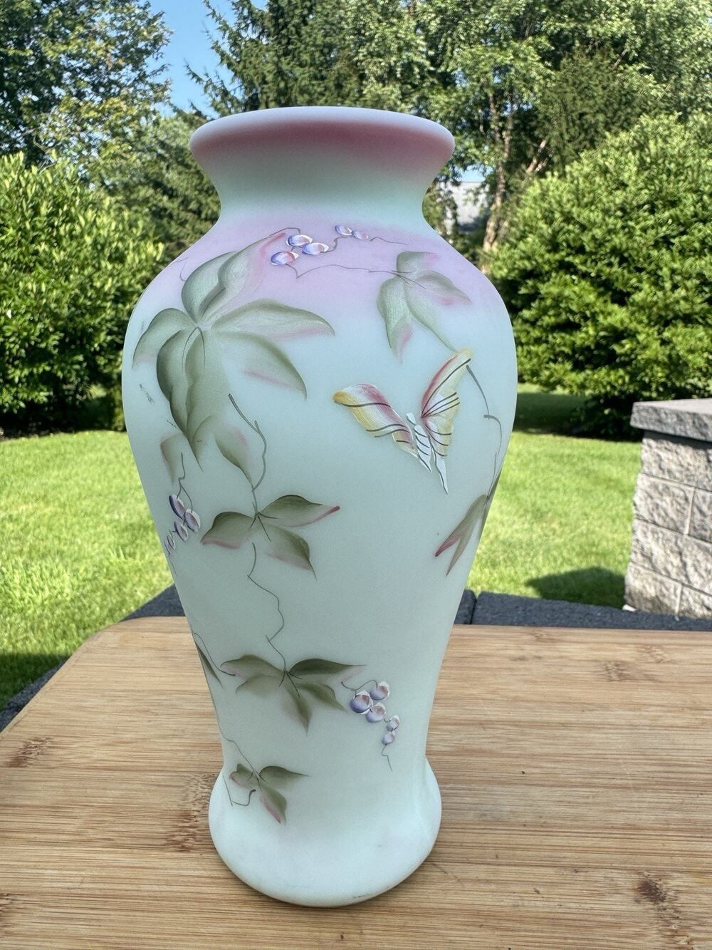Fenton BERRY & BUTTERFLY LOTUST MIST BURMESE VASE Historic Collection 95th Anniv